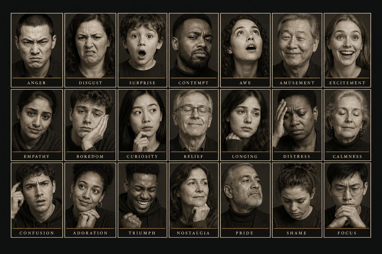 Editorial 21-portrait grid of diverse faces, each labelled with a distinct human emotion from anger to focus.