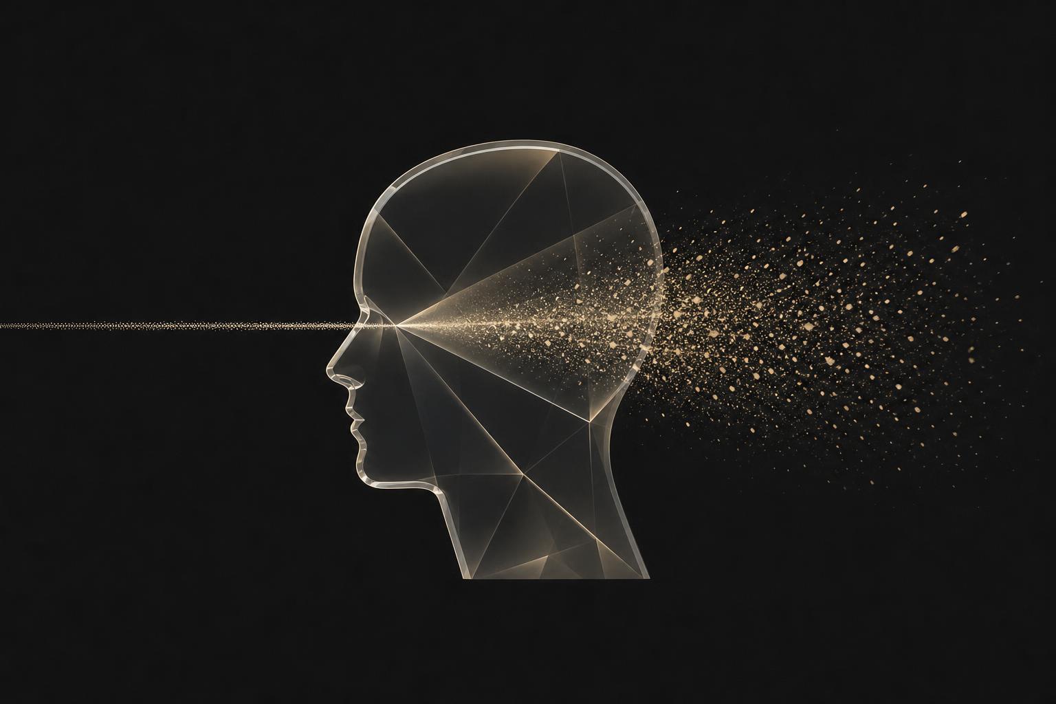 Abstract diagram: an ordered stream of signal enters a translucent human-head prism on the left and exits as a scattered, distorted spray on the right.