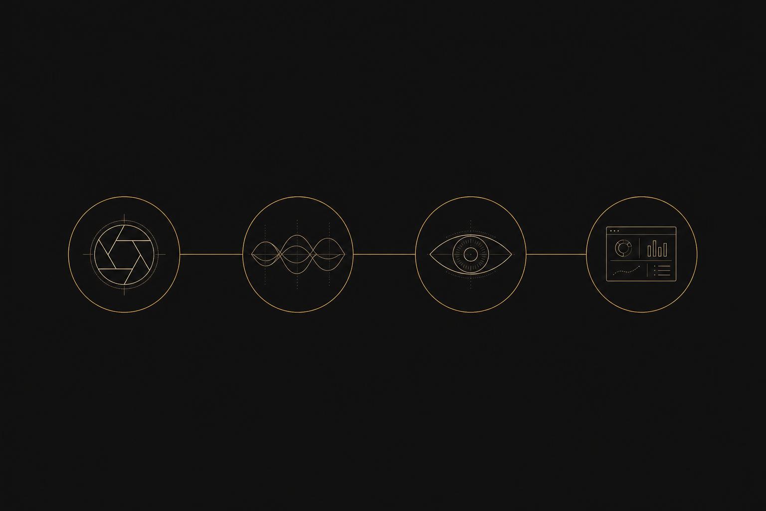 Schematic four-stage flow: capture aperture, fused waveforms, observing eye, dashboard pane — connected left to right by a single thin gold line.