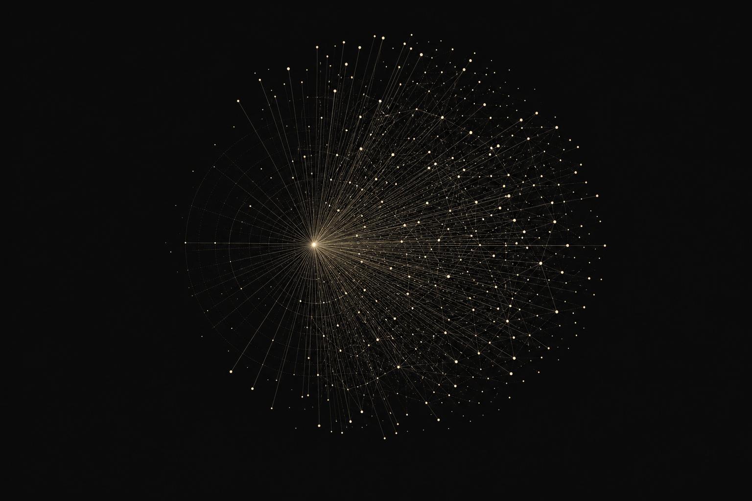 Star-chart constellation: a single gold focal point radiating hairline sight-lines to hundreds of precisely placed cream signal points.
